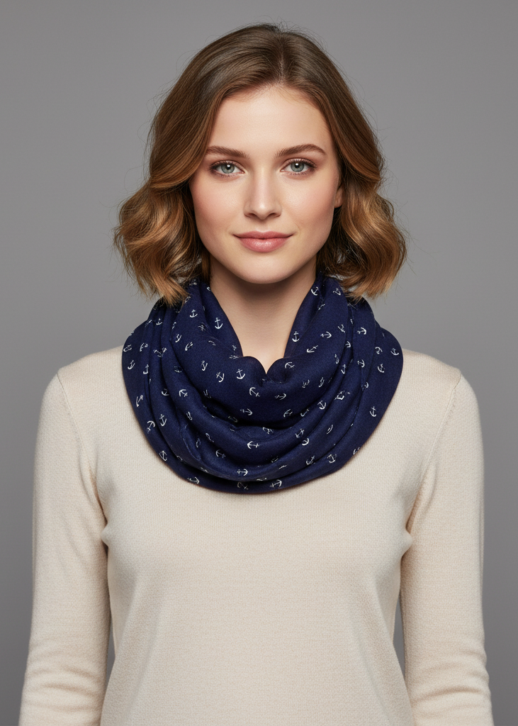 Navy nautical anchor print marine lightweight infinity loop scarf for summer fashion.