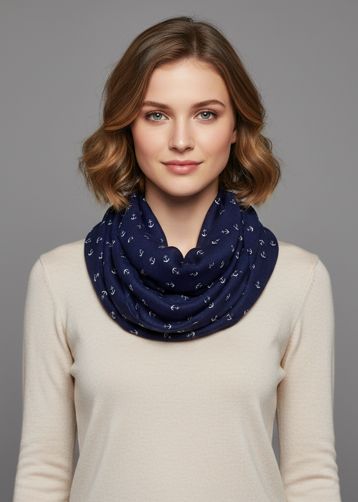 Navy nautical anchor print marine lightweight infinity loop scarf for summer fashion.