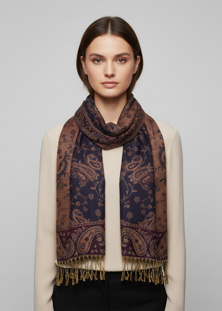 Elegant double layer reversible paisley pashmina shawl wrap scarf in navy, beige, and peach.