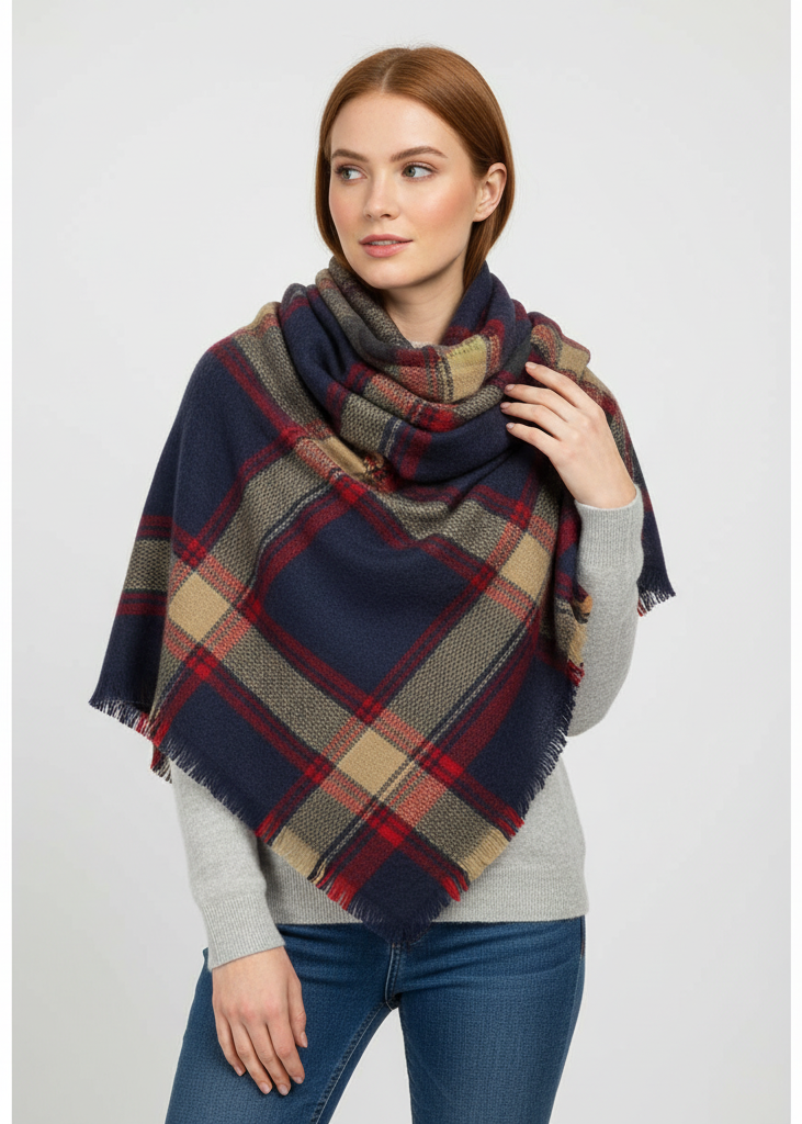Navy blue and tan warm tartan plaid woven oversized fringe scarf blanket shawl wrap