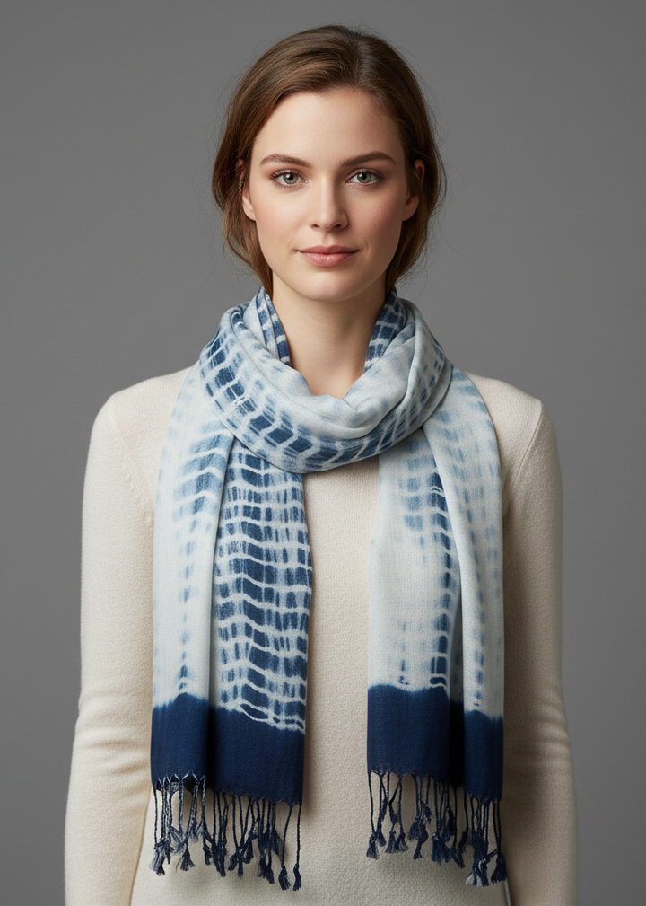 Handmade navy blue and white tie-dye pashmina shawl with soft fringed edges
