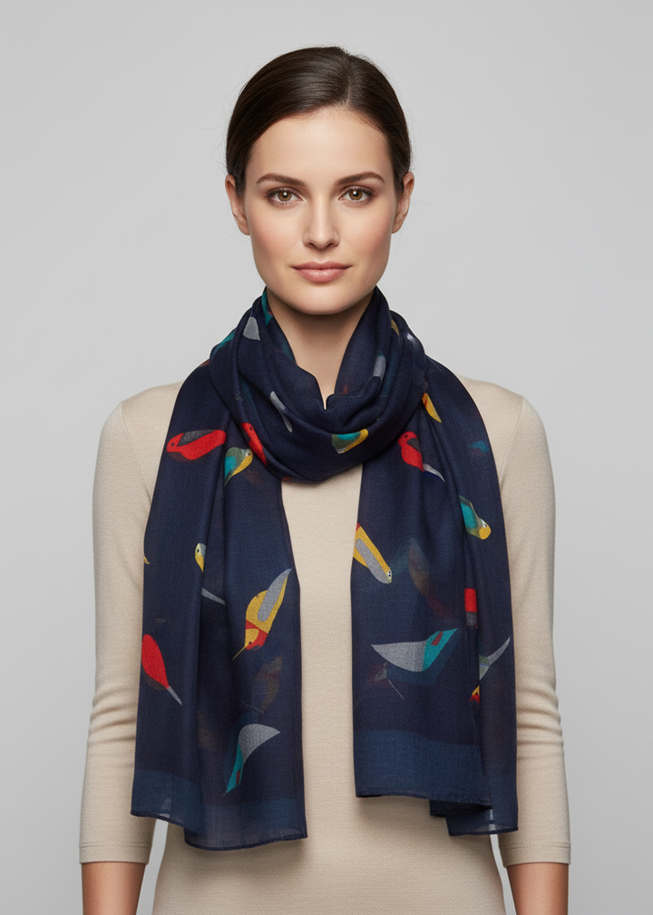 Vintage lightweight navy blue graphic scarf with a cute peach finch bird print pattern for women