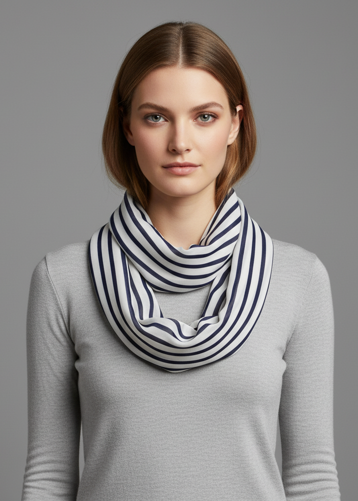 Navy white and peach striped vintage style multi color lightweight infinity loop scarf for women.