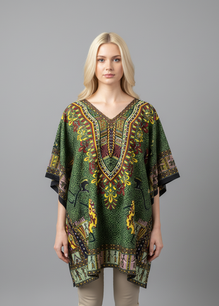 Woman modeling an olive green dashiki kaftan tunic with a traditional yellow and burgundy tribal print. The short, one-size V-neck top features a detailed geometric border and wide sleeves, shown against a solid grey background.
