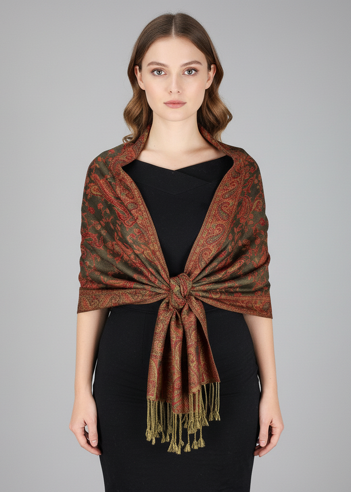 Reversible olive green pashmina shawl with a double-layered design and an intricate paisley pattern.