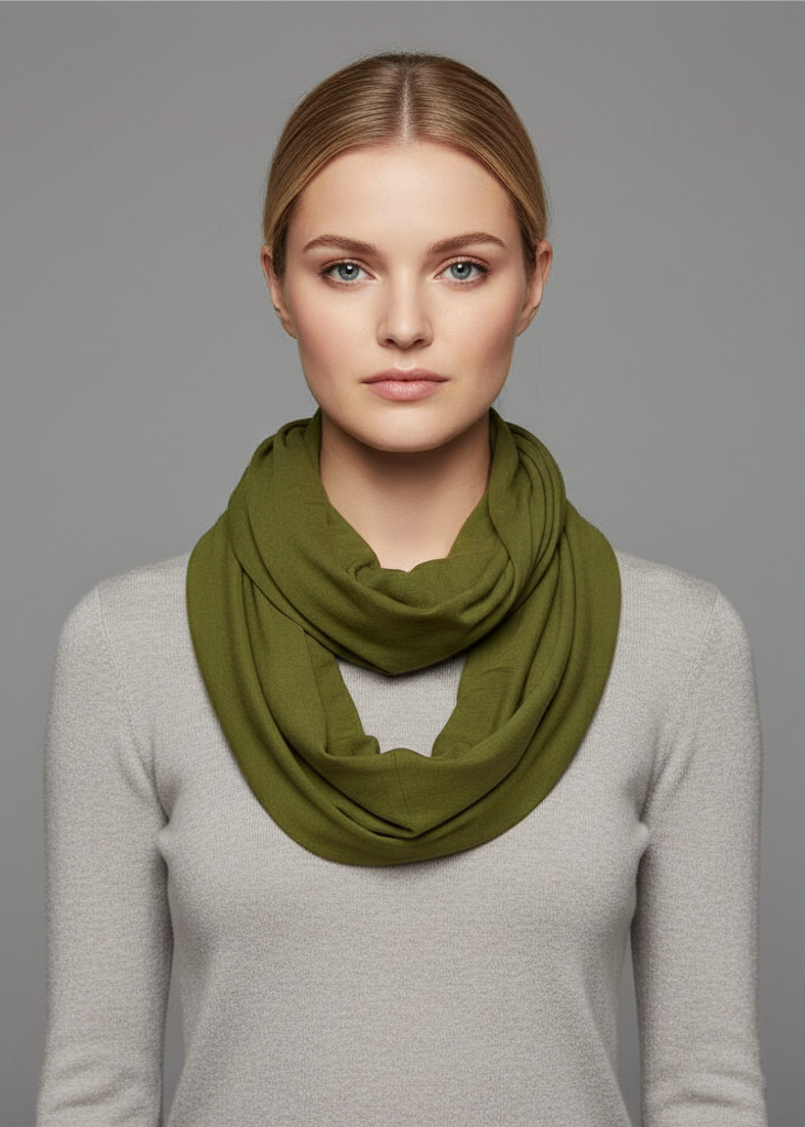 Olive peach all seasons jersey woven cotton infinity loop scarf for year-round style.