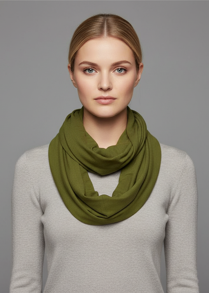 Olive peach all seasons jersey woven cotton infinity loop scarf for year-round style.