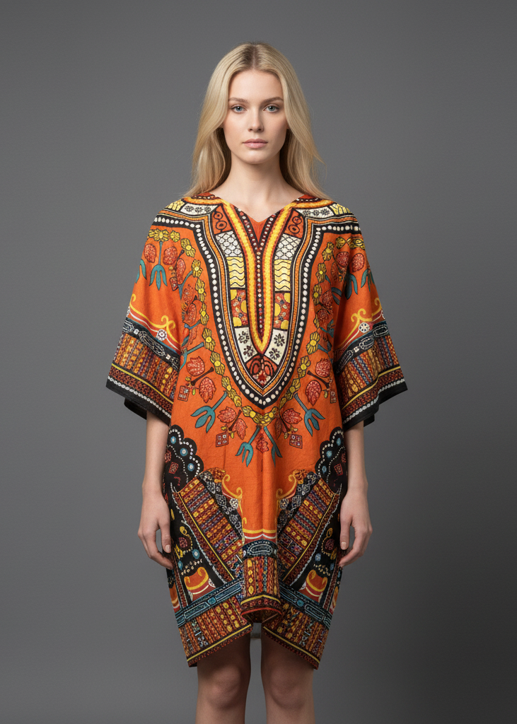 Woman modeling a vibrant burnt orange dashiki kaftan tunic featuring a traditional yellow, red, and black tribal print. This short, one-size V-neck dress has wide draped sleeves and is shown in a studio shot against a solid grey background.