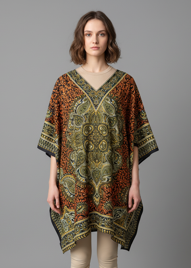 Woman modeling an earth-toned kaftan tunic with an intricate copper and olive paisley pattern. The short, one-size V-neck top features a large central medallion and a decorative border, shown against a solid grey background for a professional studio look.