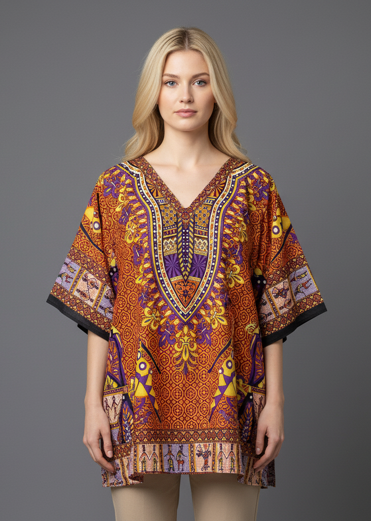 Woman modeling a vibrant orange and purple dashiki kaftan tunic with traditional yellow tribal patterns. The one-size V-neck top features wide sleeves and an intricate geometric border, shown in a professional studio shot against a solid grey background.