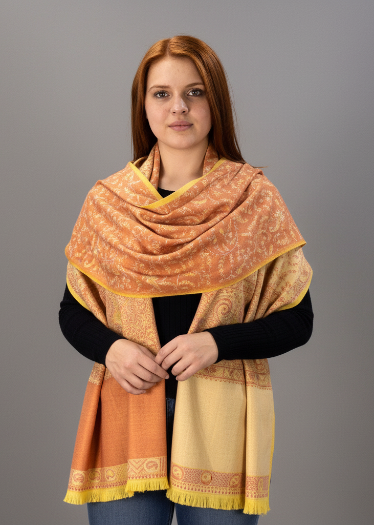 Orange reversible paisley pashmina shawl with a thick 4-ply weave and fringe trim.