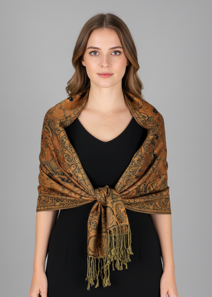 Elegant double-layer reversible pashmina shawl featuring an orange and forest green paisley pattern with fringed edges.