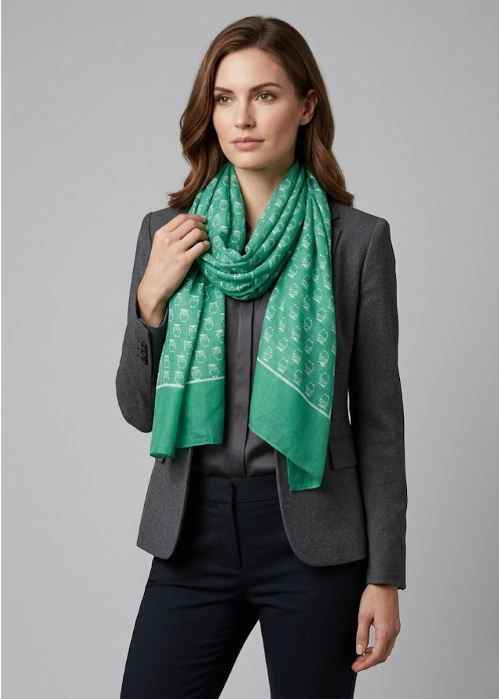Lightweight summer sheer scarf with a stylish owl and bird print in teal and white peach tones