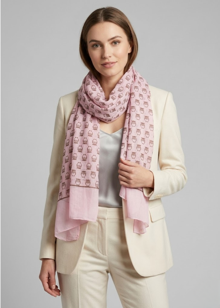 Lightweight summer sheer scarf with rose pink and grey peach owl and bird print pattern