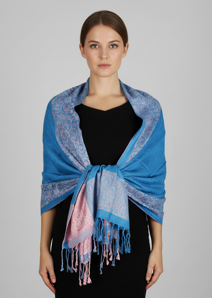 Reversible pashmina shawl with a detailed paisley and floral border design.