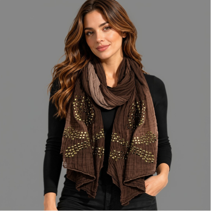 Peach Couture Womens Vintage Cotton Crinkled Ombrè Skull Studded Scarf Shawl Wrap Brown