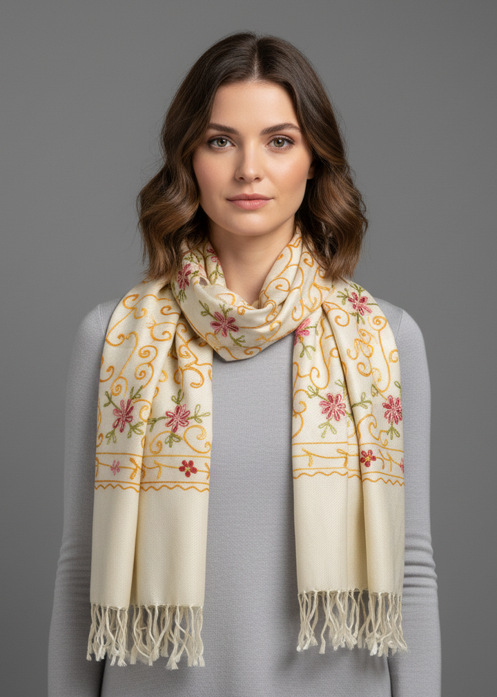 Cream-colored wool pashmina shawl featuring intricate hand-embroidered floral patterns and decorative fringe edges.