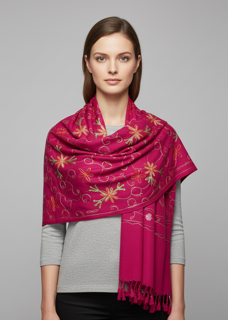 Magenta wool pashmina shawl featuring intricate hand-embroidered floral patterns and traditional decorative fringe edges.