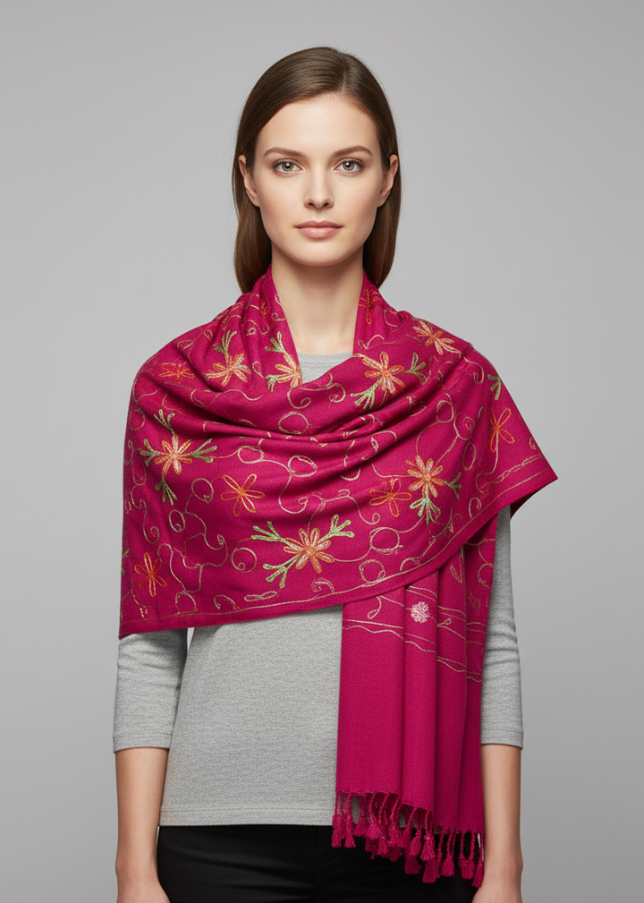 Magenta wool pashmina shawl featuring intricate hand-embroidered floral patterns and traditional decorative fringe edges.