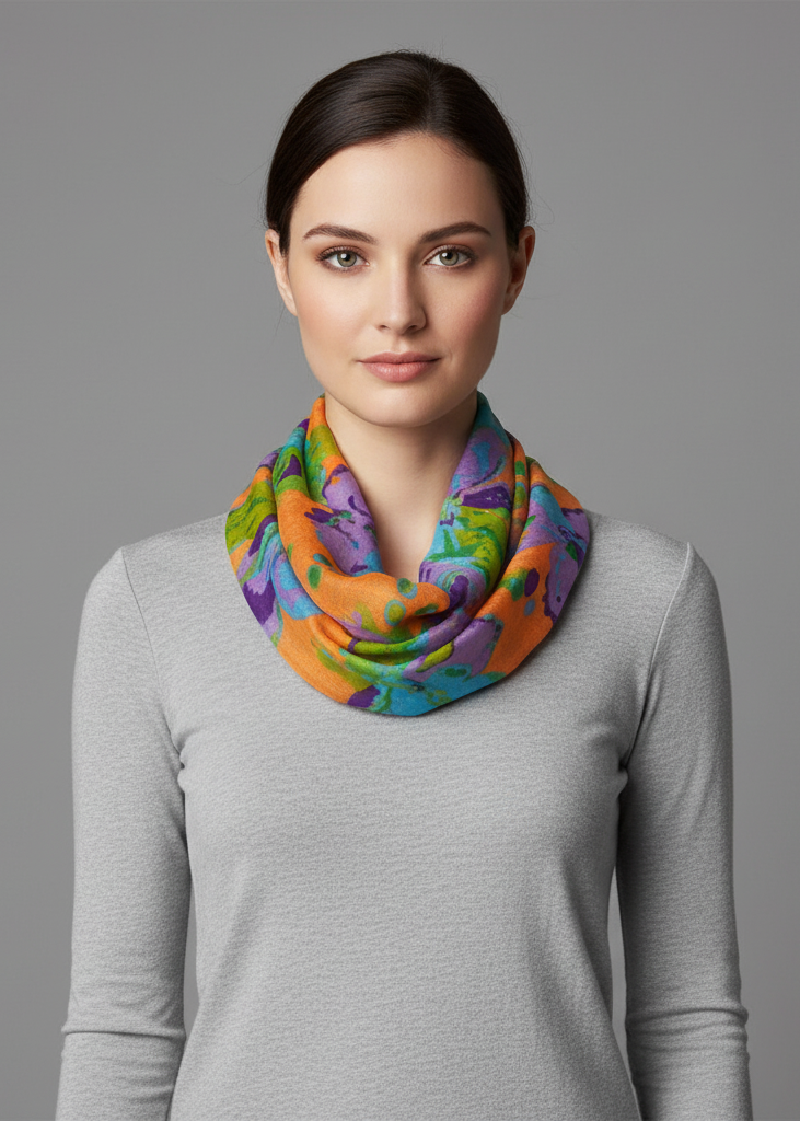 Abstract colorful tropical hibiscus flower infinity loop scarf in orange.