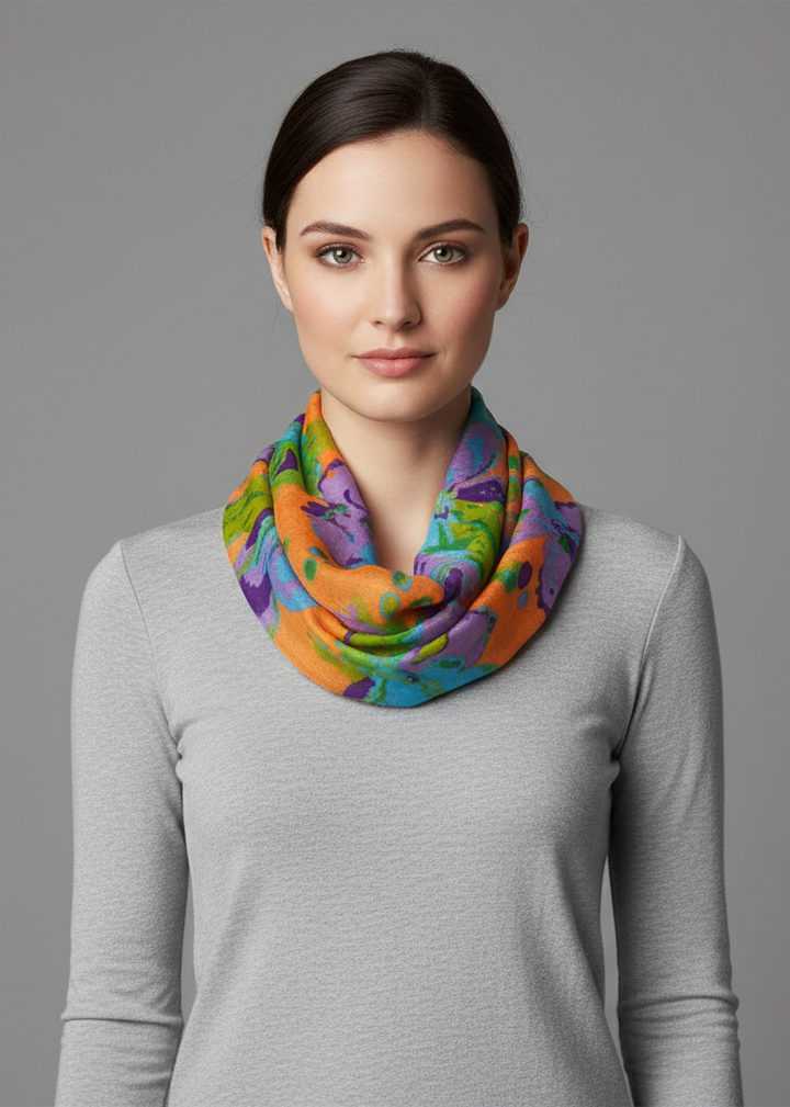 Abstract colorful tropical hibiscus flower infinity loop scarf in orange.