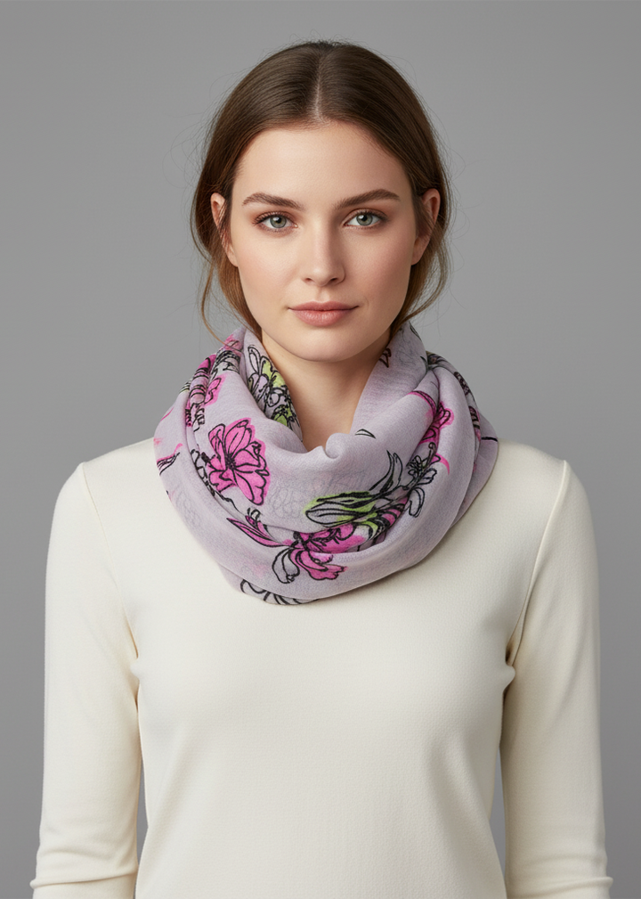 Pastel pink infinity loop scarf featuring a cherry blossom and bird print pattern for women