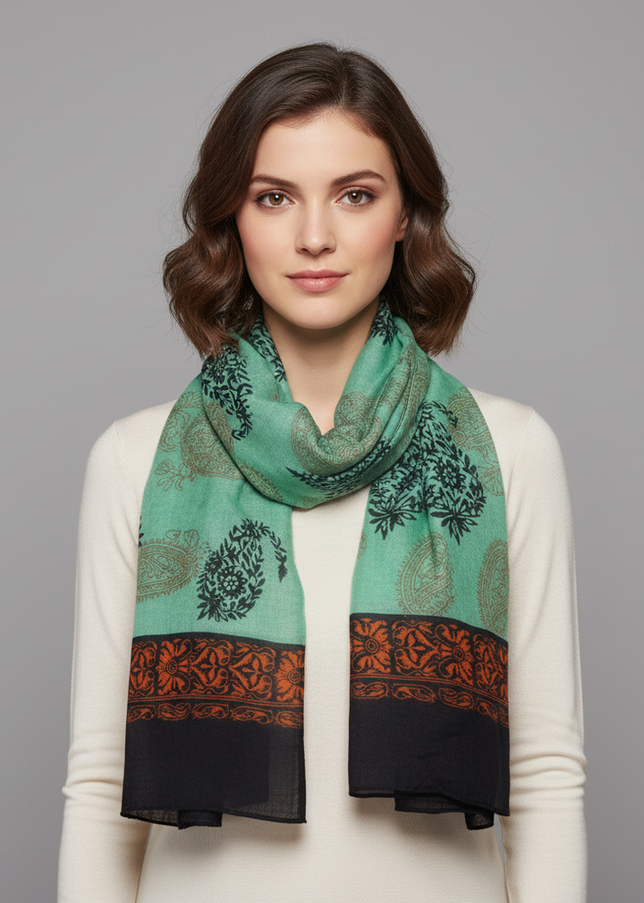 Green and black lightweight all-season scarf featuring a tribal flower graphic print and paisley pattern