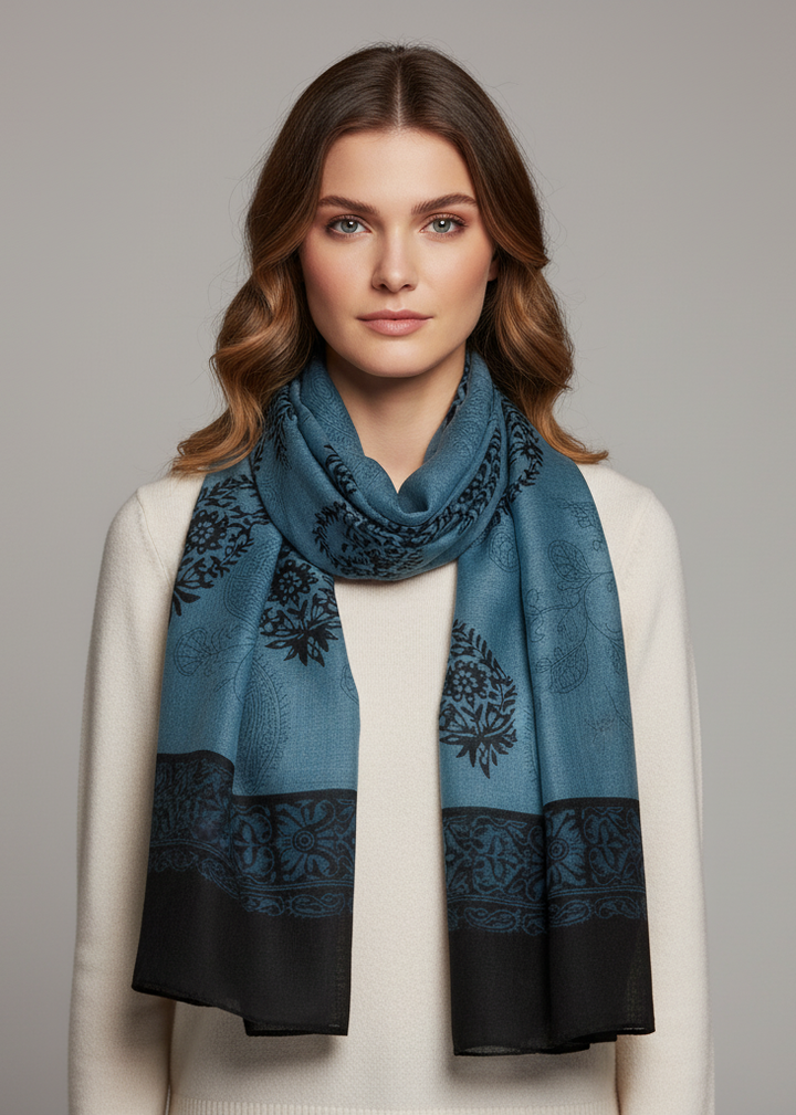 Periwinkle and black lightweight scarf featuring a tribal flower graphic and paisley print patterns