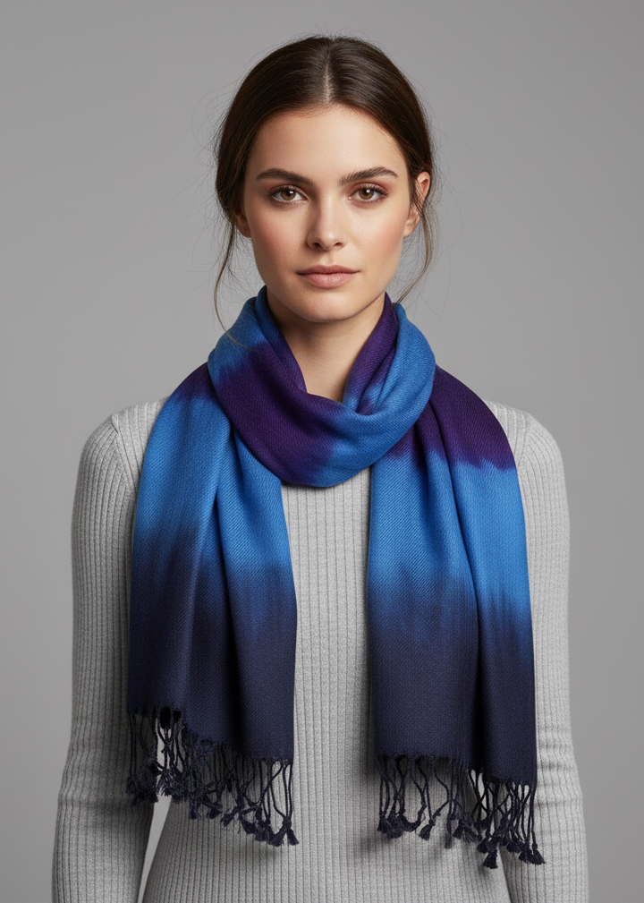 Colorful retro print tie-dye pashmina shawl scarf with fringe in black, purple, and blue tones.