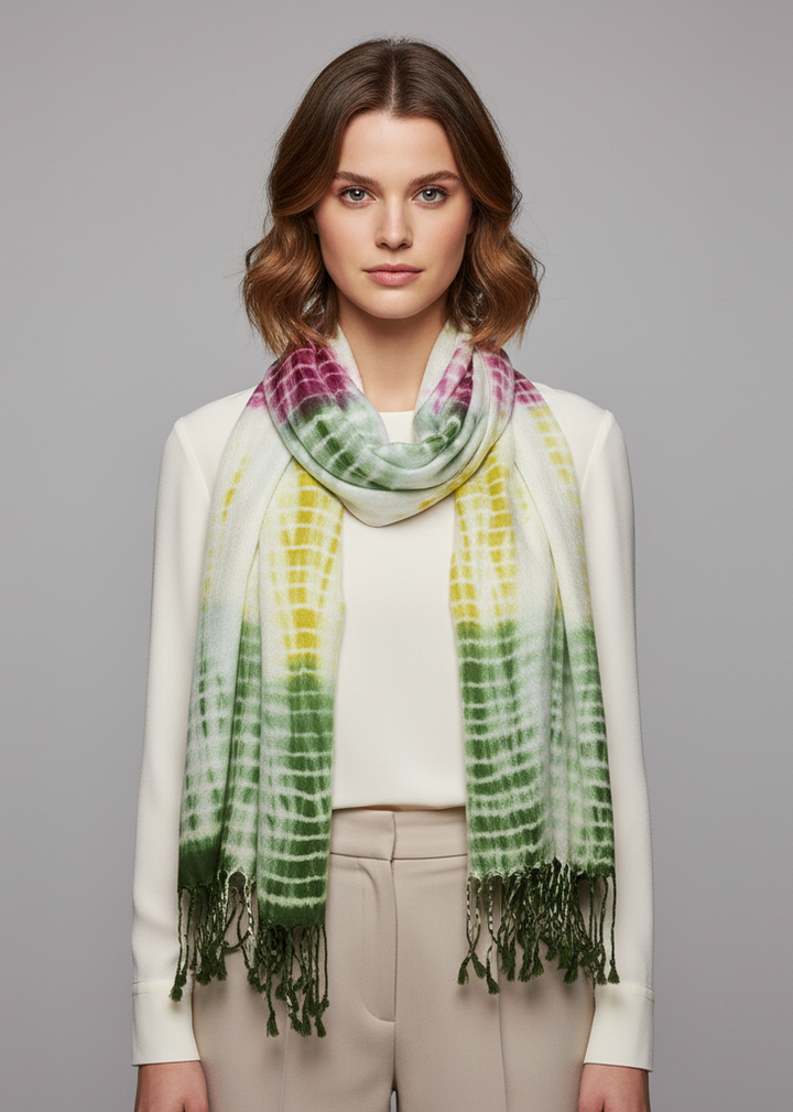 Colorful retro print tie-dye pashmina shawl scarf in cream, green, and pink with fringed edges