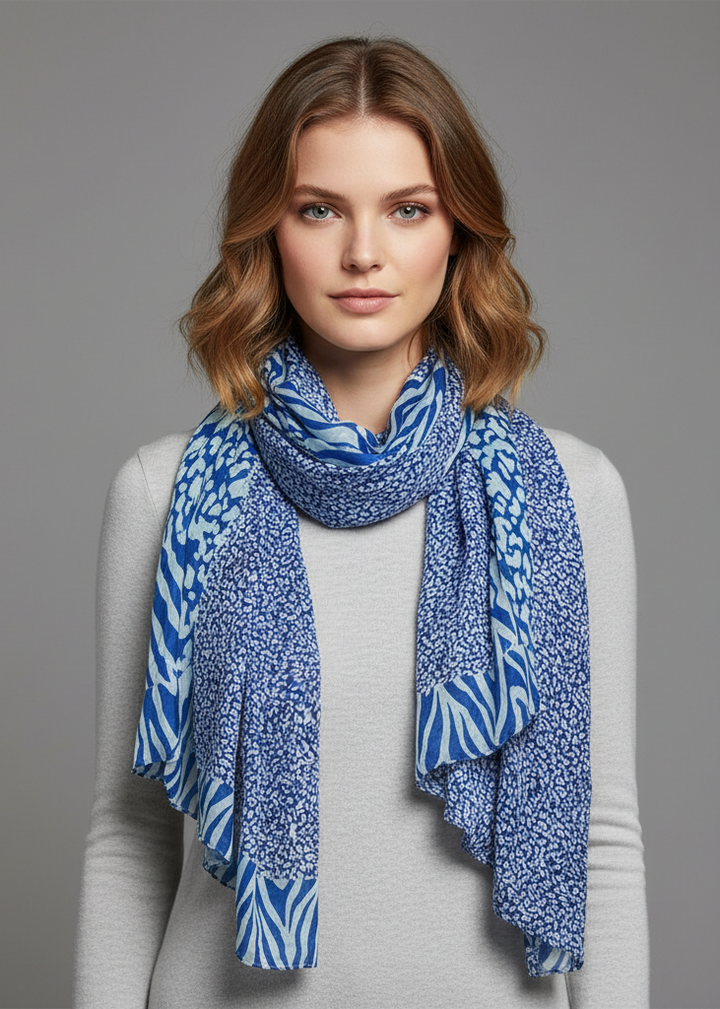 All seasons retro zebra and leopard mix animal print crinkle scarf wrap in blue and white