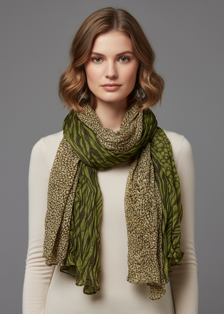 All seasons retro zebra and leopard mix animal print crinkle scarf wrap in cream and green