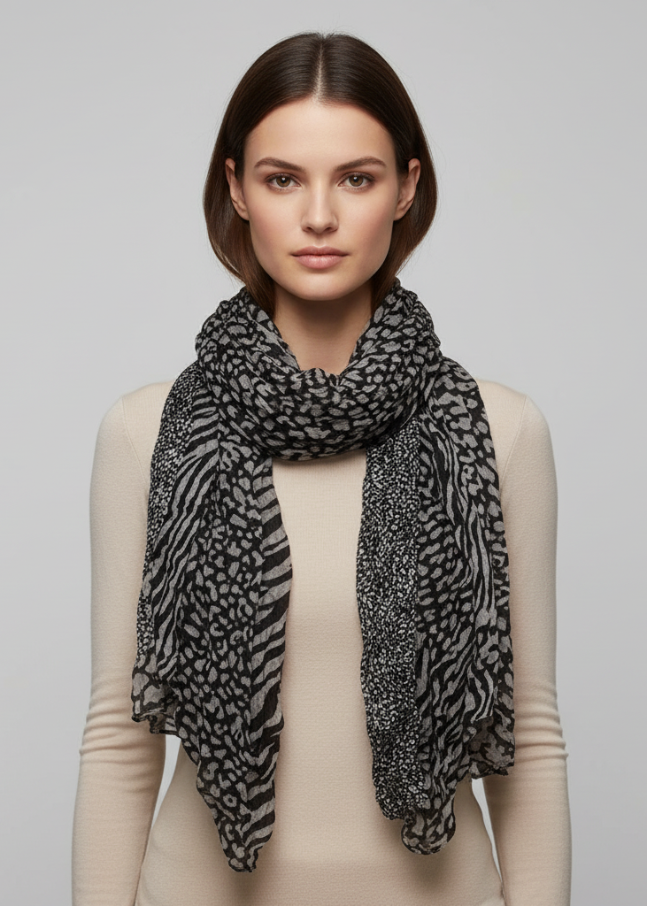 All seasons retro crinkle scarf with a stylish zebra and leopard animal print mix in grey and black.
