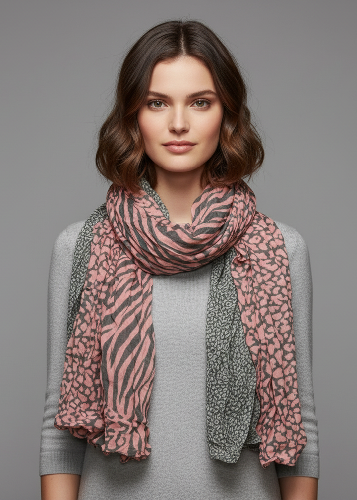 All seasons retro zebra and leopard mix animal print crinkle scarf wrap in grey and pink