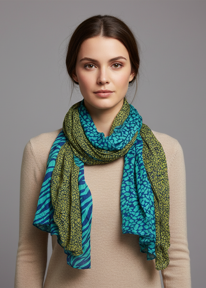 All seasons retro zebra and leopard mix animal print crinkle scarf wrap in teal and yellow