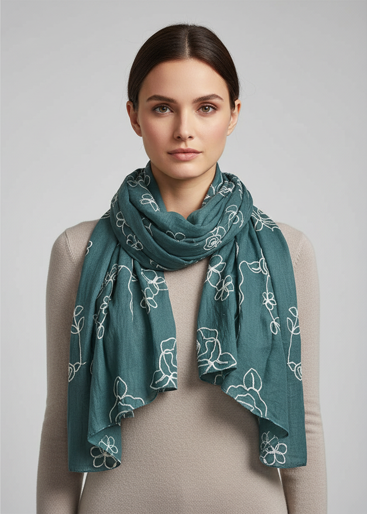 Soft cloth hunter green summer shawl with floral embroidery and wrap style design
