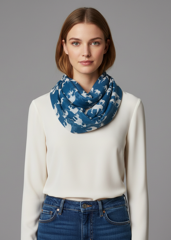 Lightweight white and blue infinity loop scarf featuring a tribal elephant and floral animal print pattern.