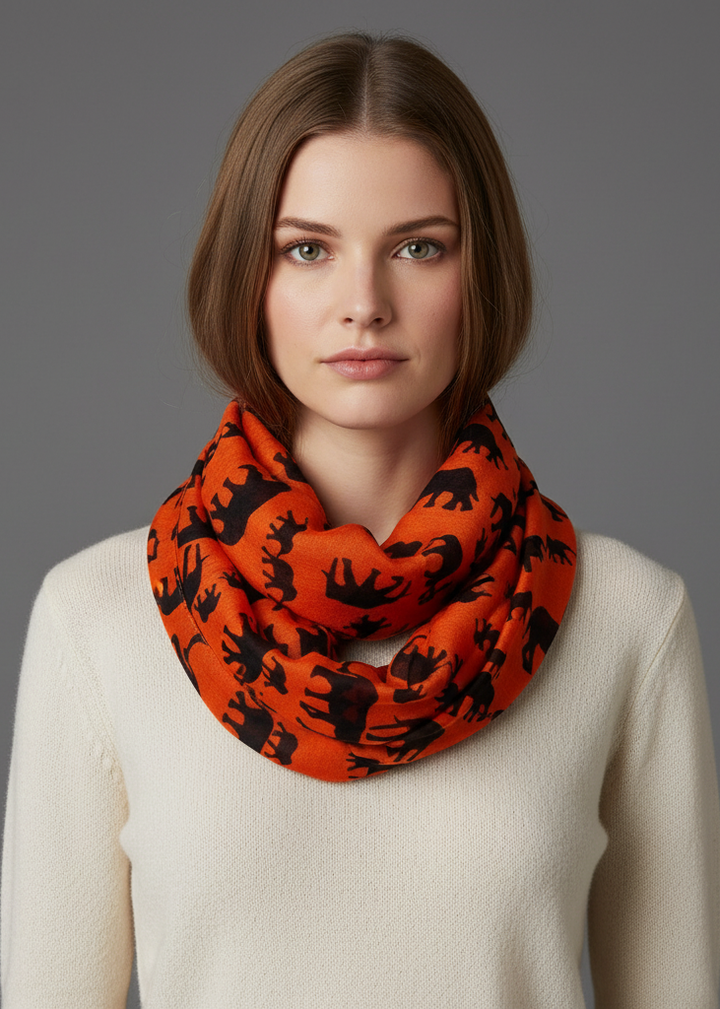 Animal print artsy elephant flower infinity loop double wrap scarf in orange and black