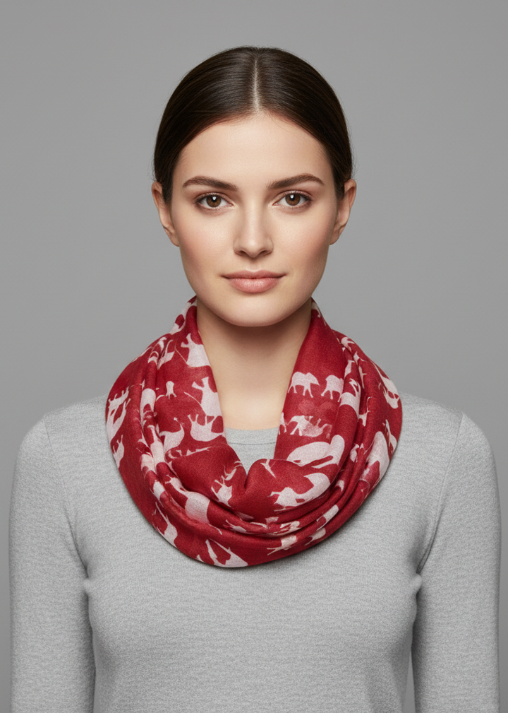 Red and white sheer infinity scarf featuring an artsy animal print with elephant motifs in a double wrap circle loop design