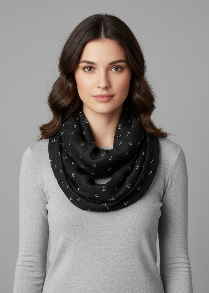 Nautical anchor print lightweight infinity loop scarf in black for women.