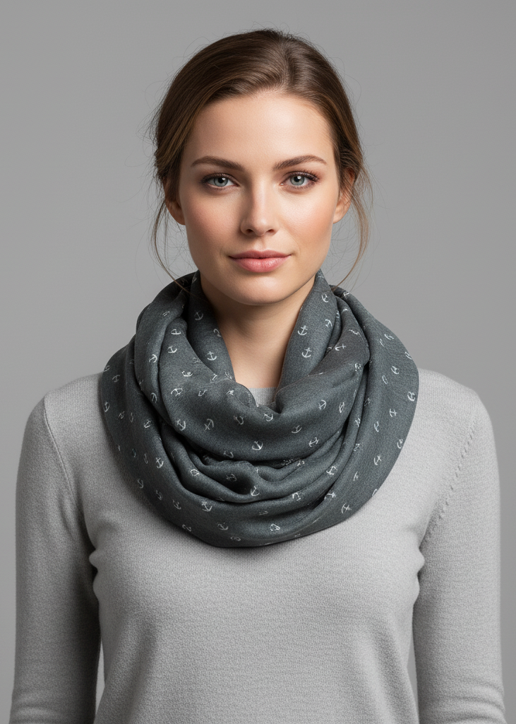 Lightweight gray infinity loop scarf with nautical marine anchor print for women.