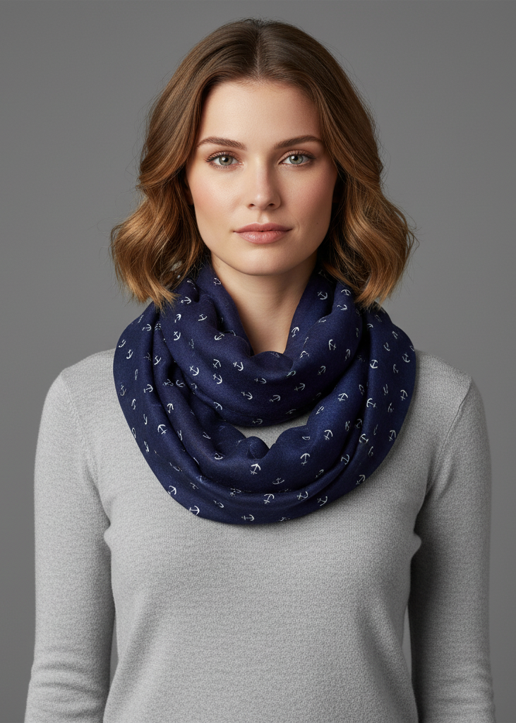 Navy artsy nautical anchor print marine lightweight infinity loop scarf in navy blue for summer and spring fashion.