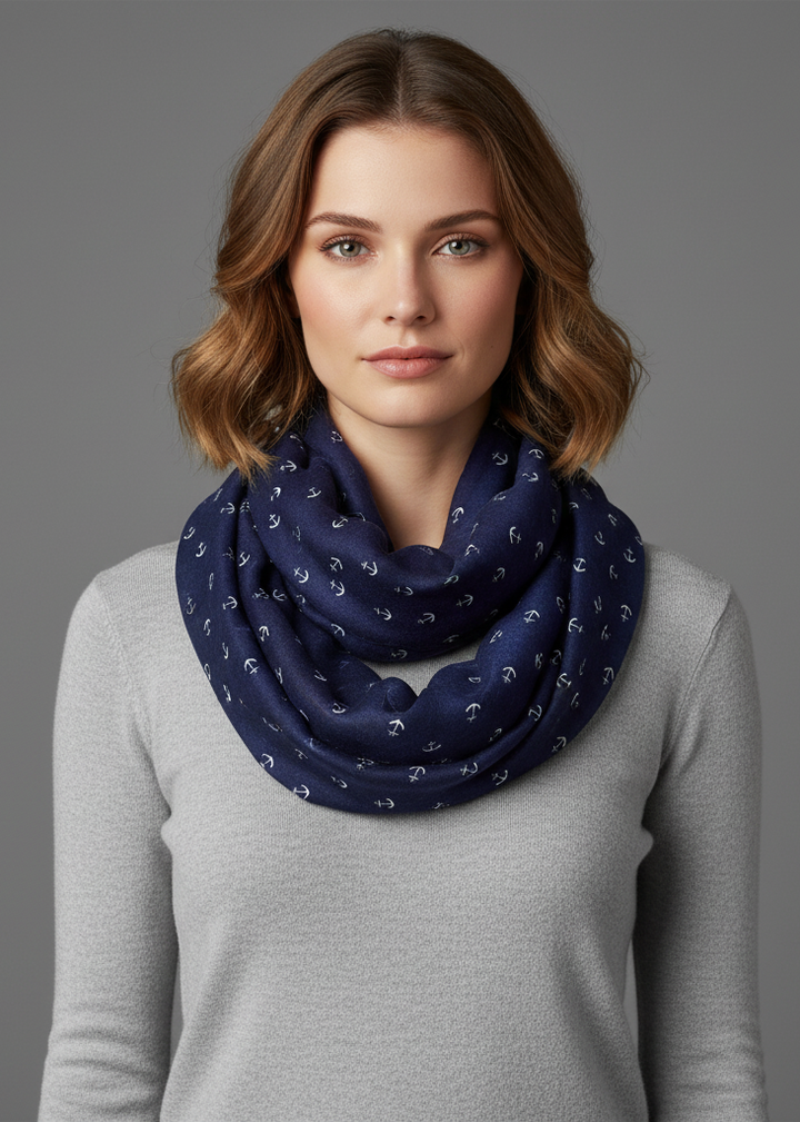 Navy artsy nautical anchor print marine lightweight infinity loop scarf in navy blue for summer and spring fashion.