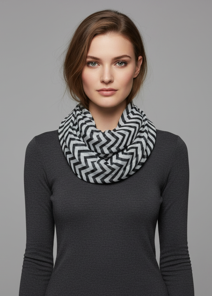 Sheer chevron infinity loop scarf in black and white lightweight fabric for classic style.