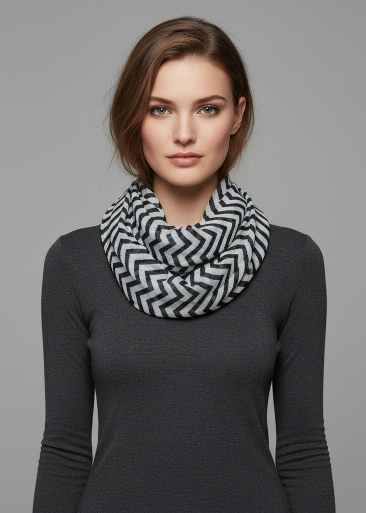 Sheer chevron infinity loop scarf in black and white lightweight fabric for classic style.