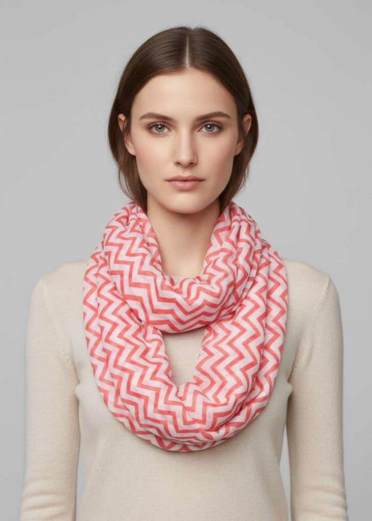 Sheer chevron infinity loop scarf in coral and white lightweight breathable fabric for women.