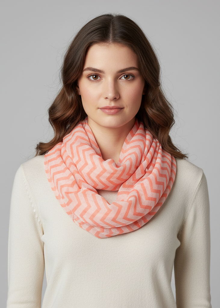 Lightweight sheer chevron infinity loop scarf in neon orange and white for stylish summer or spring layering.