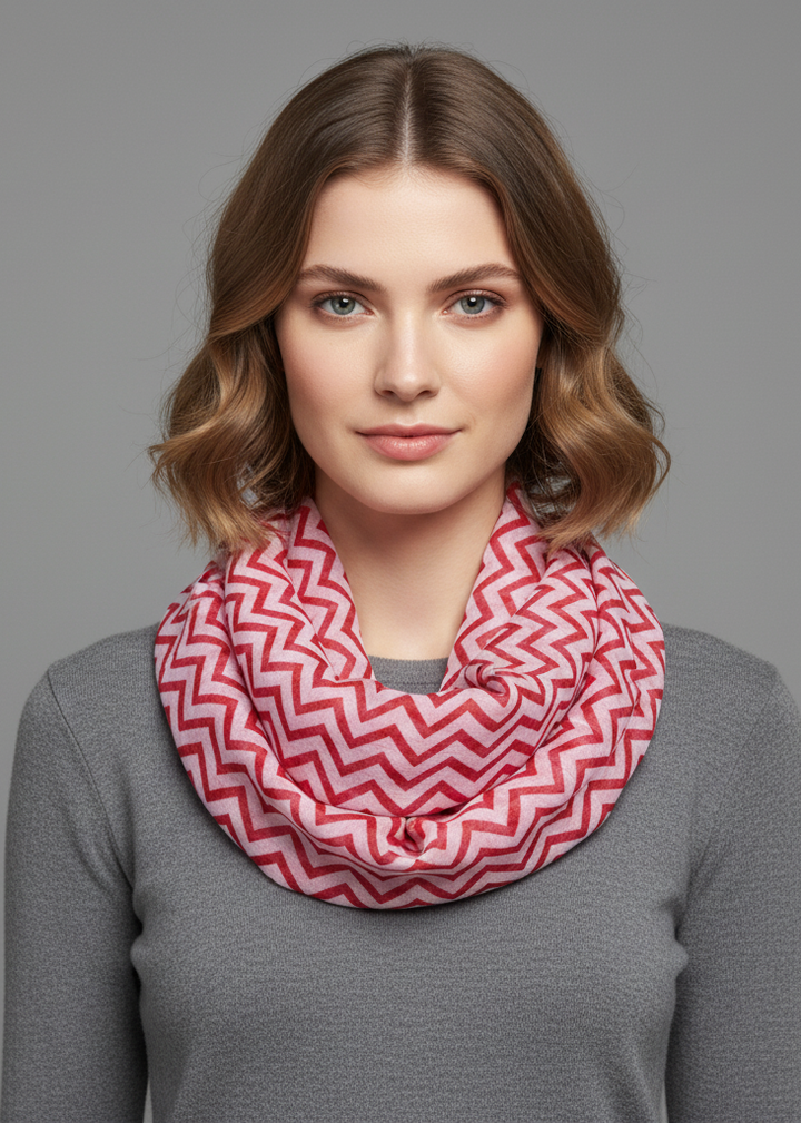 Lightweight sheer chevron infinity loop scarf in red and white for classic style.