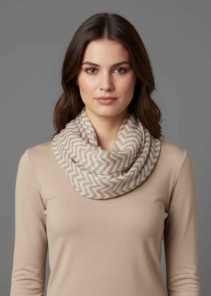 Sheer chevron infinity loop scarf in tan and white, lightweight classic fashion accessory for women.