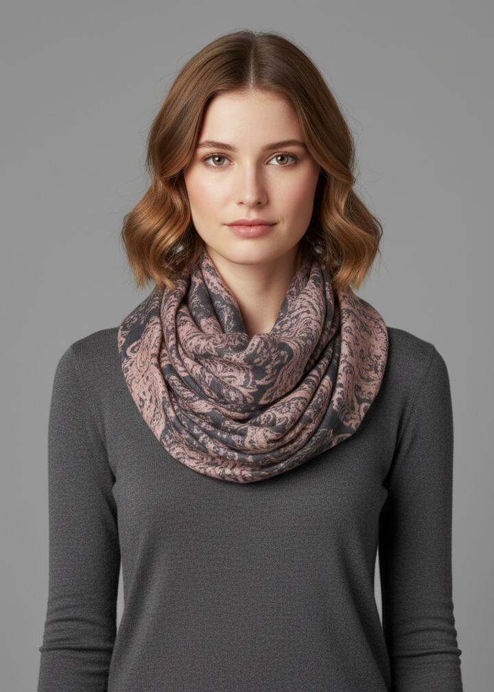 Lightweight grey infinity loop scarf featuring a graphic sunflower and paisley print for stylish women's accessories.